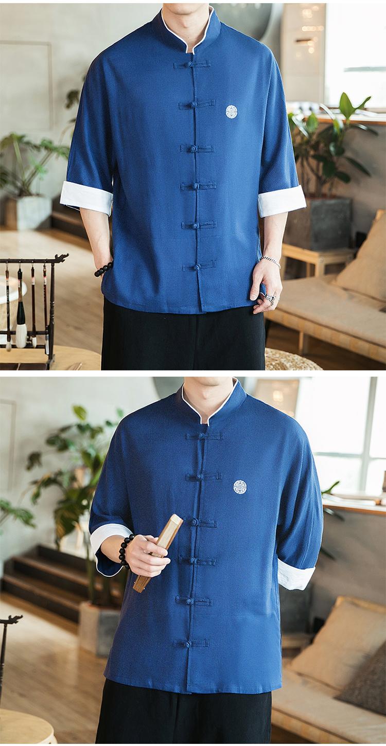 Quần áo nam phong cách Trung Quốc Phật theo phong cách retro quần áo lót cộng với phân bón XL áo ngắn tay đứng cổ áo béo - Cực lớn quần áo big size nam