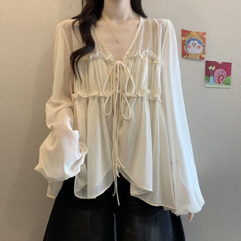 Retro Style V Neck Lace-Up Long-Sleeved Shirt for Women in Spring and Autum New Style Asymmetrical Gentle Style Loose Slimming Look Top