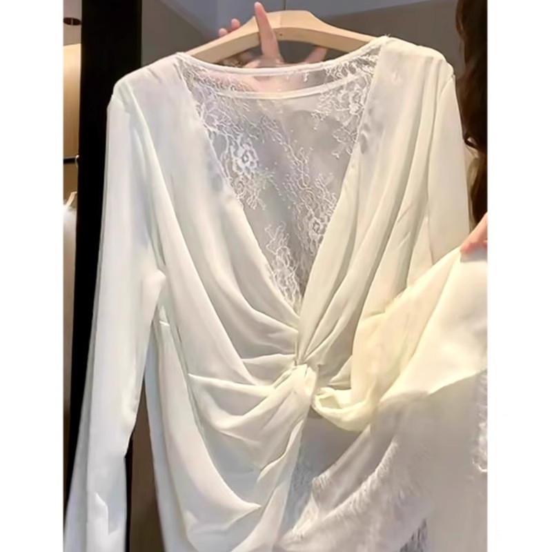 Lace Spliced Back Knotted Mesh Sun Protection Shirt for Women, New Summer Style, Loose, Fashionable and Age-Reducing Blouse Top Lace Spliced Back Knotted Mesh Sun Protection Shirt for Women, New Summer Style, Loose, Fashionable and Age-Reducing Blouse Top