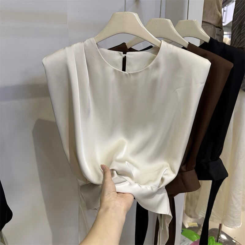 Gentle and Unique Acetate Satin Sleeveless Shirt for Women, New Summer Style, Elegant Waist-Cinching Slimming Tank Top