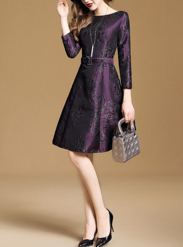 2018 mùa thu và mùa đông phụ nữ mới của tính khí bảy- điểm tay áo vòng cổ jacquard váy mỏng một từ mỏng mỏng váy đầm xòe tuổi trung niên