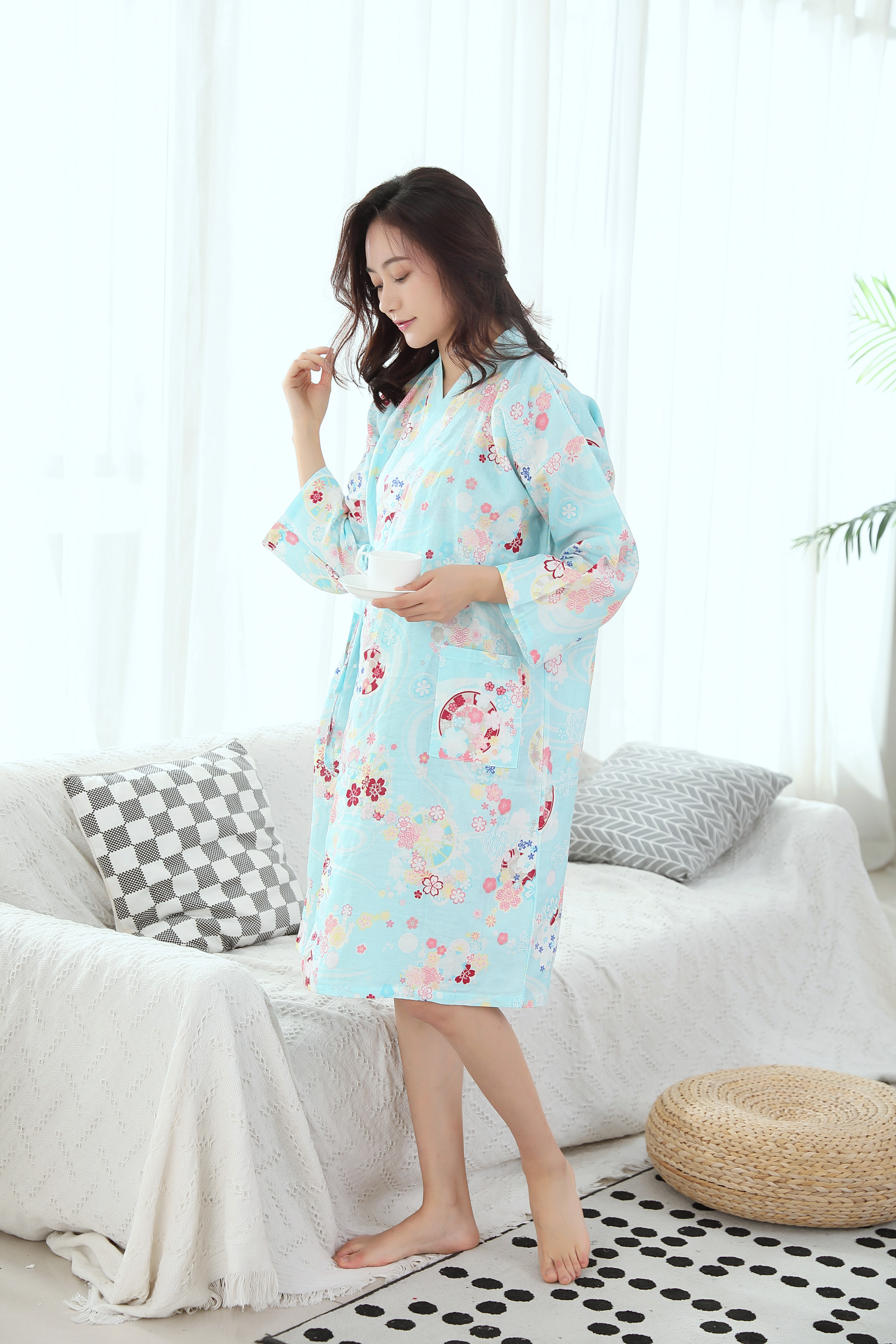 Kimono bông gạc đồ ngủ nam giới và phụ nữ dịch vụ nhà kích thước lớn Nhật Bản dài tay áo choàng áo tắm mồ hôi quần áo phong cách mới