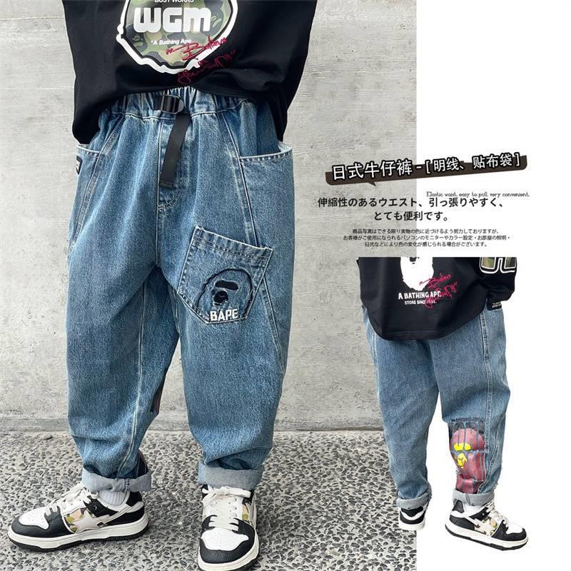 Japanese Trendy Brand Bape Spring 2024 Children's Versatile Casual Pants Boys' Multi-Pocket Cartoon Denim Long Pants