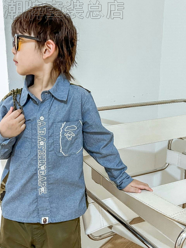 Japanese Trendy Brand Bape Children's Clothing Autumn Ape Head Pattern Camouflage Patchwork Long-Sleeve Denim Shirt for Boys and Girls Japanese Trendy Brand Bape Children's Clothing Autumn Ape Head Pattern Camouflage Patchwork Long-Sleeve Denim Shirt for Boys and Girls