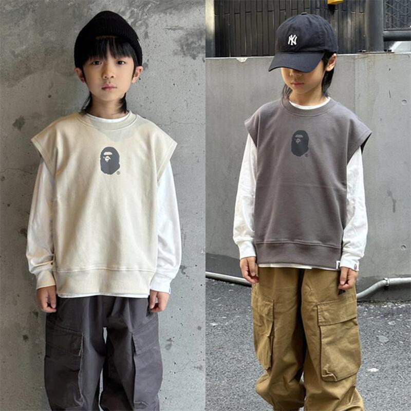 Japanese Trendy Brand Bape Autumn Children's Clothing for Boys, Pullover Top, Versatile Casual Retro Terry Vest, Trendy