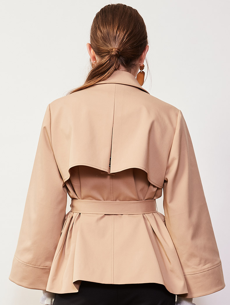 Nawei 2018 thời trang mùa thu kèn tay áo dụng cụ bỏ túi thắt lưng thắt lưng trench coat ngắn áo khoác nữ áo khoác dạ nữ ngắn