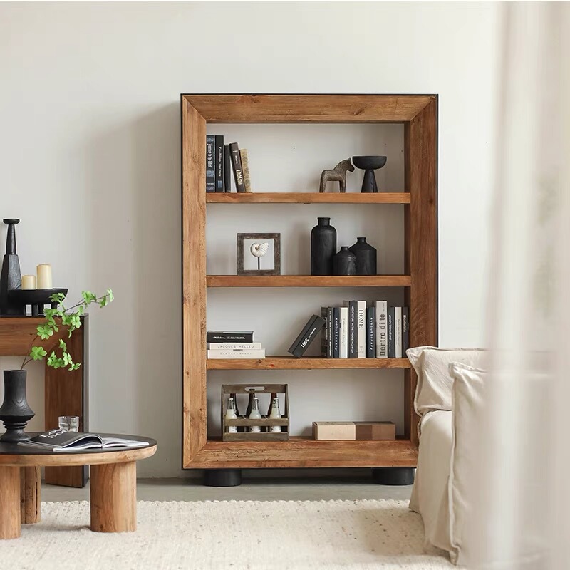 Wabi-Sabi Style Old Pine Wood Bookshelf, Bookcase, Storage Cabinet, Floor-Standing Solid Wood Vintage Distressed Homestay Style Decorative Display Cabinet
