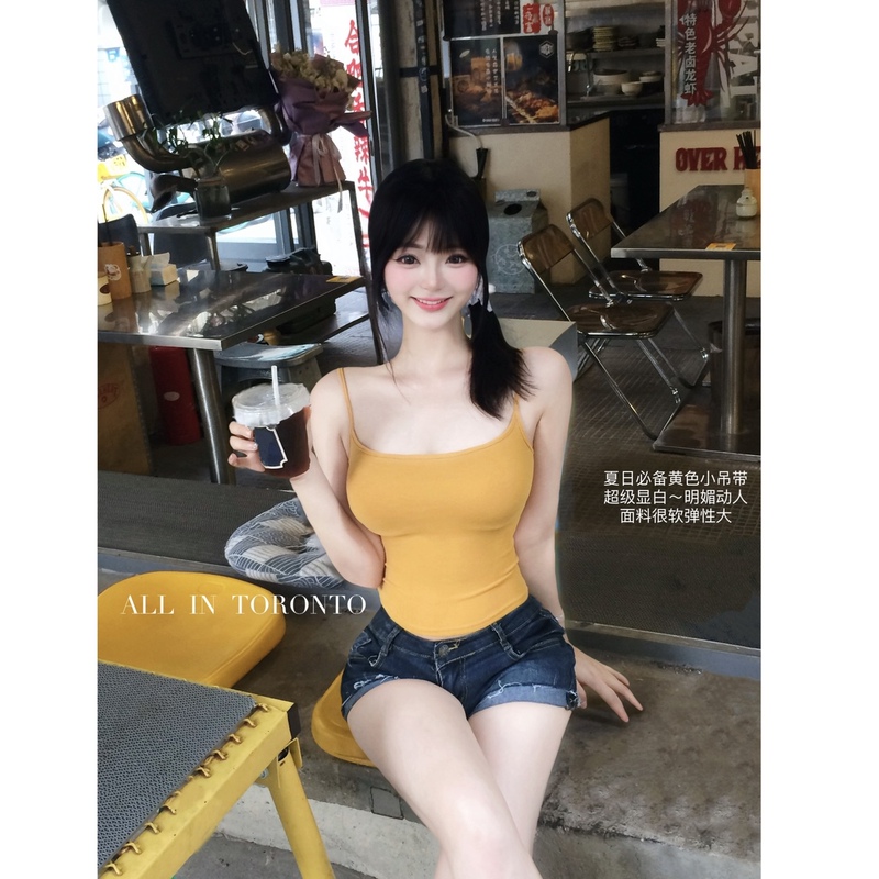 Allin Ginger Yellow Slim Fit Camisole for Women, American Style, Pure Desire, Beautiful Back Design, with Chest Pads