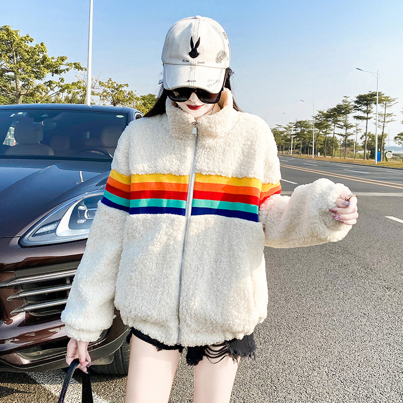White sweater women's 2021 new autumn and winter clothing Korean style loose design feeling niche trendy ins lamb wool coat