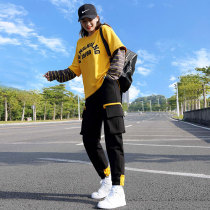 Fashion suit female 2020 spring loose new round neck contrast color sweater overalls casual sports pants two-piece set