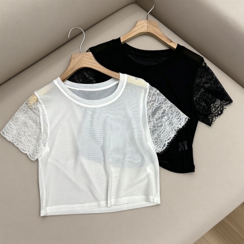2026 New Women's Black Short-Sleeved T-Shirt, Half-Length, Slim Fit, Lace Splicing, Base Layer, Mesh Inner Top