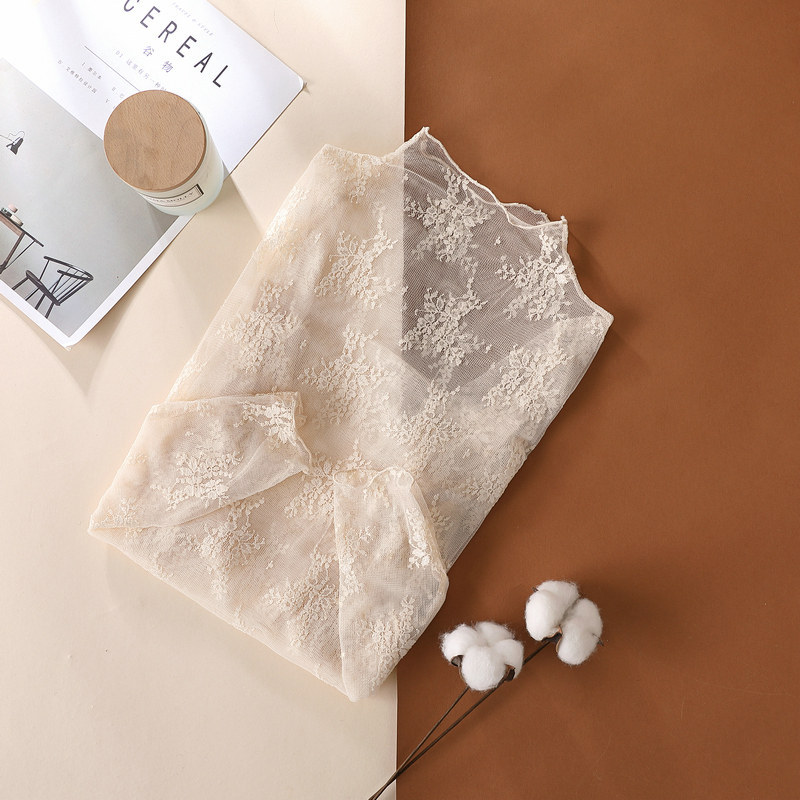 26 Spring New High-End Lace Base Shirt for Women, Autumn Stylish Hollow-Out Long-Sleeve Mesh Top, Sexy Inner Layer Blouse, Hot Sale