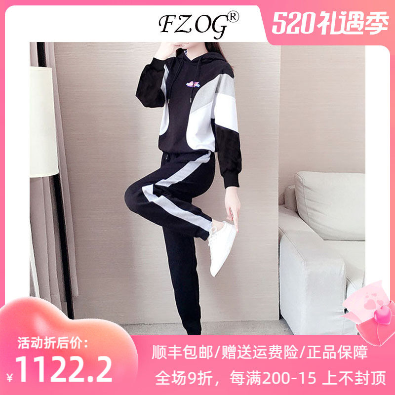 FZOG Sports Suit Women Spring Autumn Season 2022 Loose-skinny Black Brand Clothing Casual Warm two sets