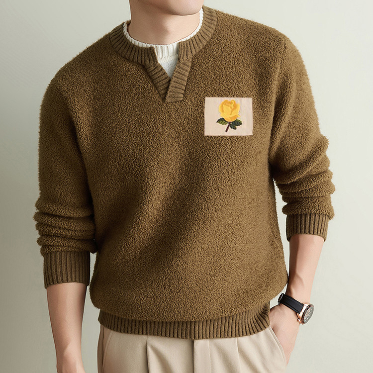 Ole Brand Autumn and Winter Men's Fake Two-Piece Pullover Sweater with Rose Embroidery Ckc Fashionable Casual Versatile Top