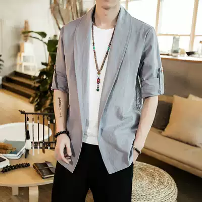 Chinese style men's summer linen jacket Youth short-sleeved Tang suit Large size retro style Hanfu Taoist robe Cotton and linen cardigan