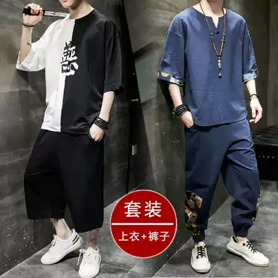 Summer linen suit trend Chinese men's fat fat plus size loose cotton linen short sleeve T-shirt Tide brand