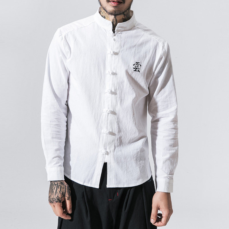 Chinese wind flax Chinese style Tang suit Embroidery swarm with undershirt upright collar disc buckle Long sleeve shirt Shirt Male Tide