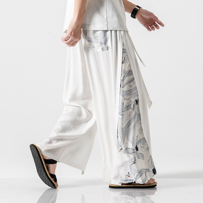 Chinese style personality straight casual trousers men's large size ethnic style Hanfu wide-leg pants retro style big crotch culottes trend