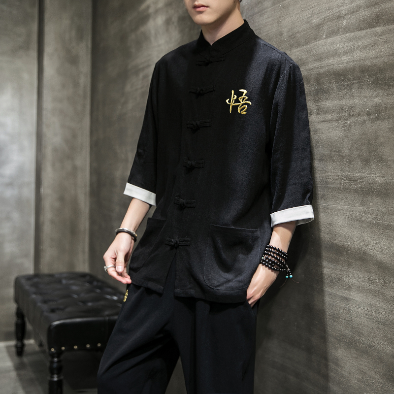 Summer China Wind Men's Clothing Retro Style Chinese Style Ancient Clothes Zhongshan Clothing Linen Cotton Linen short sleeve Youth Tang Costume Tide