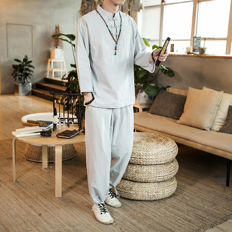 Chinese style men's clothing Tang clothing Han clothing Youth retro style linen suit Cotton and hemp buckle National style lay clothes Zen clothes