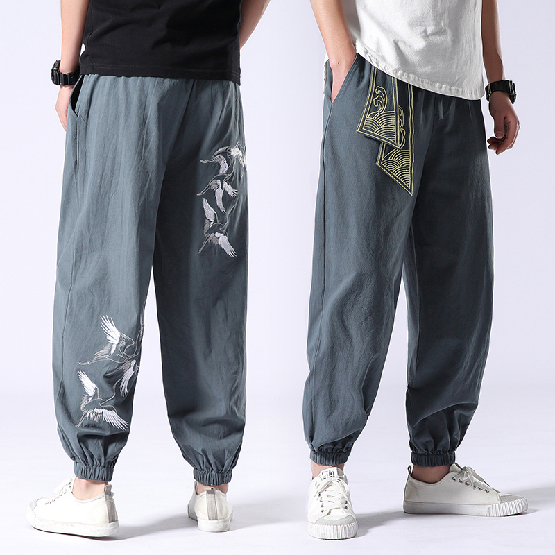 Chinese style men's pants Summer thin linen casual pants Fat men's large size loose cotton and linen Harlan pants lantern