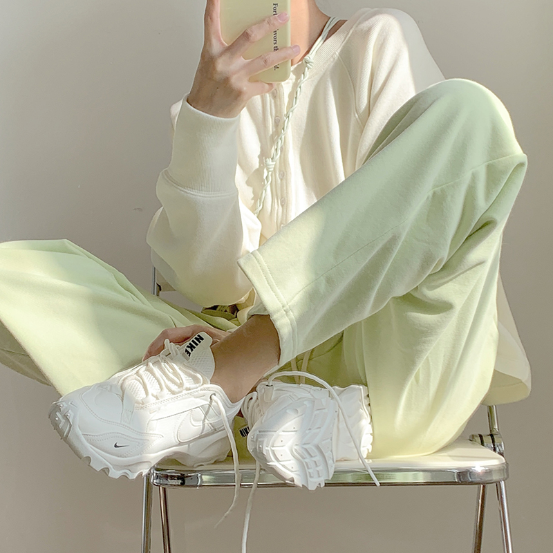 Qiyue Homemade Cream Honeydew Melon Green Drawing Rope Tightness Waist Sports Pants Woman Spring Autumn Casual Thin straight tube pants