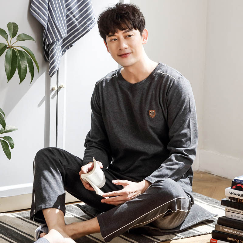 Sleepwear men's spring and autumn pure cotton long sleeves Home clothes All cotton autumn and winter models Enlarge Code Han Edition Suit
