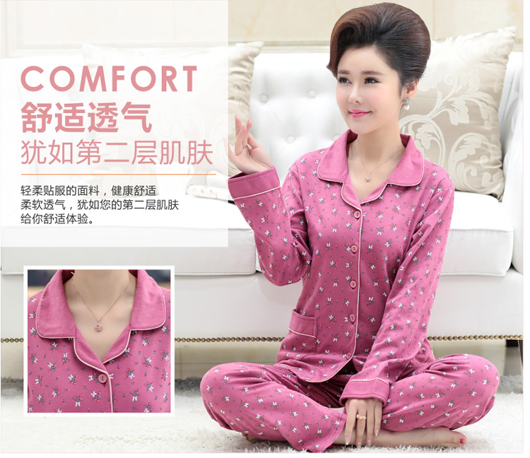 Mùa xuân và mùa thu Mẹ Bộ đồ ngủ cotton dài tay Áo len nữ trung niên bộ mặc nhà cao cấp