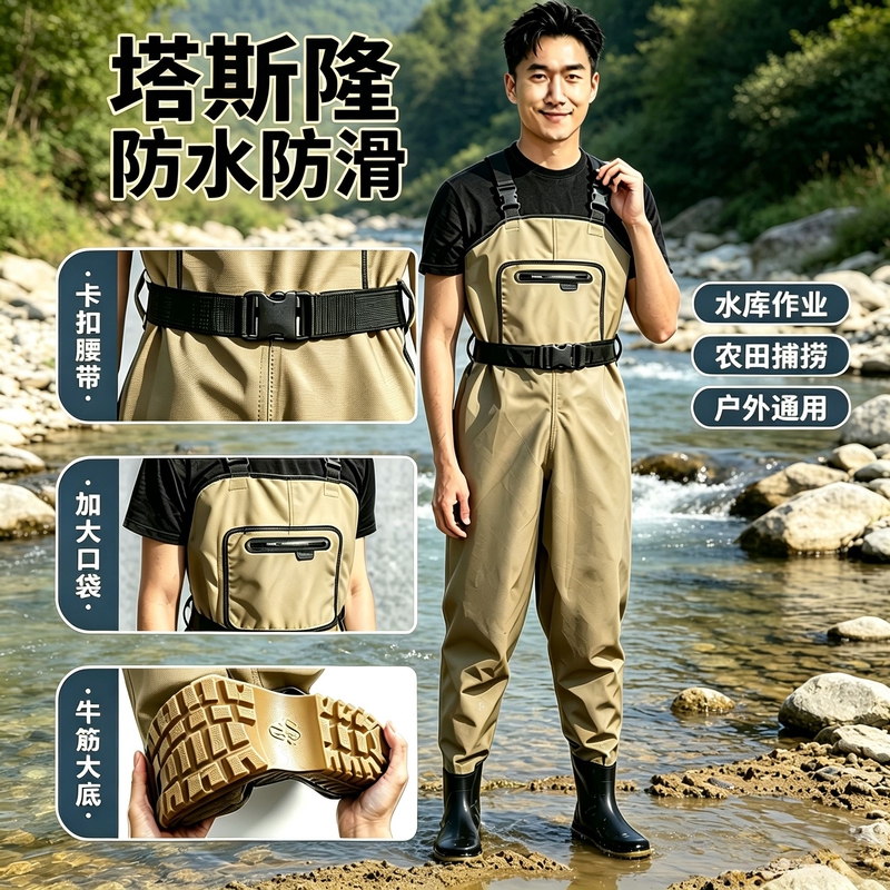 Waterproof Pants, Lower Body Wading Pants, Thickened Type with Durable Rain Boots, Half-Length Fishing Wading Pants, Taslon Lightweight Waist