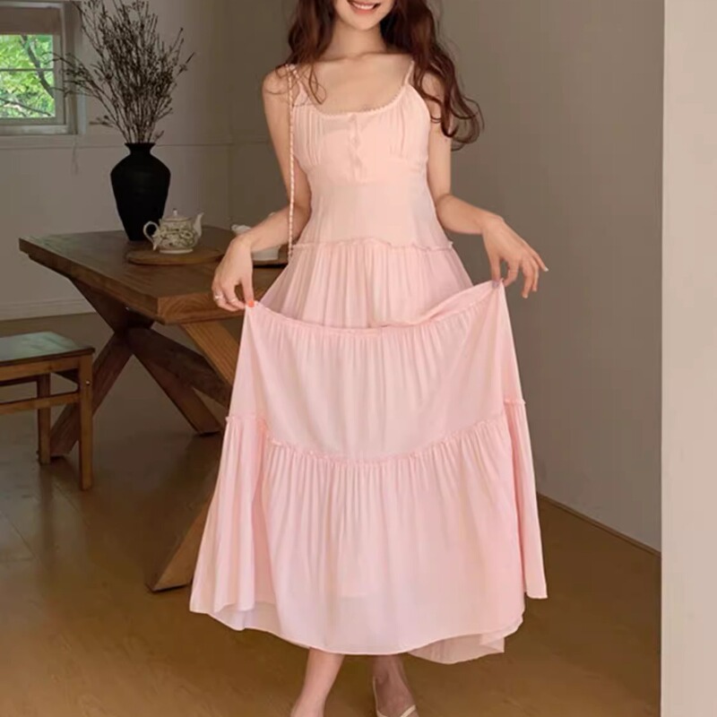 Pink French Sweet Suspender Dress for Women 2025 Summer New Elegant Long Skirt Waist Slimming Look A-Line Skirt