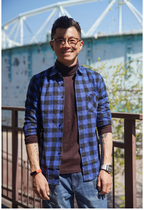 (Radish Mens Club) Blue Classic Plaid Shirt Textured Shirt Casual Long Sleeve Jacket