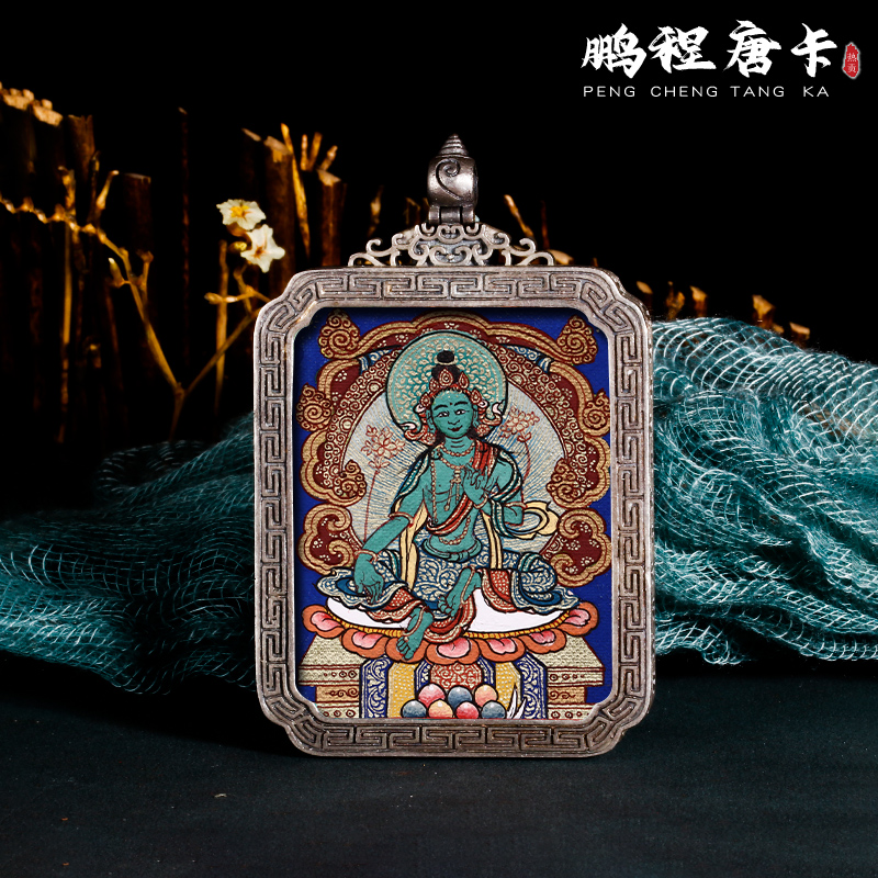Pure hand-painted portable thangka pendant to save the eight difficulties green Tara Buddha statue patron saint sterling silver Gawu box Buddha card pendant
