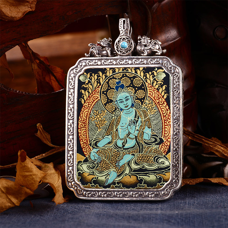 Tibetan Buddhism pure hand-painted black gold thangka pendant green Tara patron saint Buddha statue sterling silver Gawu box Buddha plaque pendant