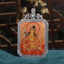 Regong pure hand-painted personal Thangka pendant red Tang Puxian Bodhisattva Buddha statue handmade sterling silver Gabu box pendant