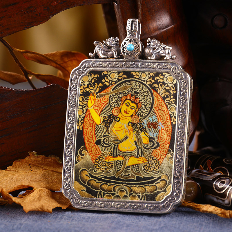 Pure hand-painted black gold thangka pendant Manjusri Bodhisattva's original life Buddha statue sterling silver box Buddha card pendant