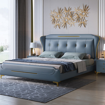 Nordic light luxury technology cloth bed modern simple solid wood frame 18 m double wedding bed high box soft cloth bed