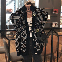 2021 New products Long style retro knit cardiovert Lazy Loose Sweater Jacket Autumn Plaid Foreign Air Blouse