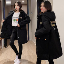 Large size womens thick warm cotton coat Korean version of hooded letters age loose belly cover long coat cotton suit