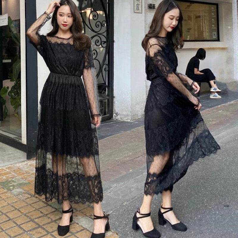 Fashion Spring and Autumn with a dress Annual dress Han edition of large-scale women's wear lace dress