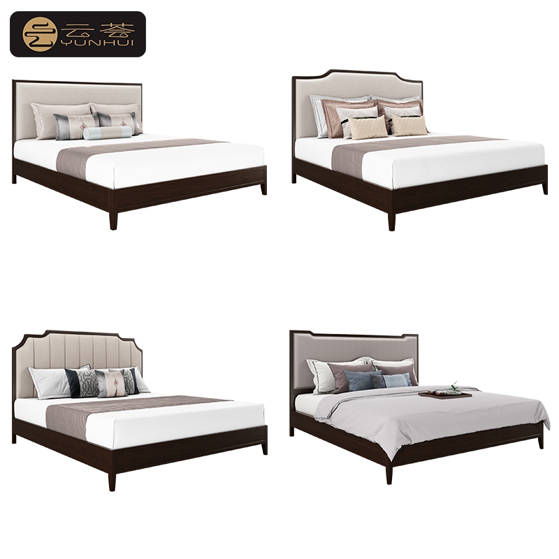 New Chinese Style Solid Wood Fabric Bed Light Luxury Modern Master Bedroom Double Bed Hotel Club Room Model Room Bedroom Furniture