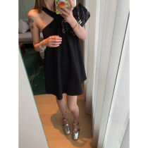 Ashigo vcruan minimalist slant shoulder mix and match Daily little black dress female summer new one-shoulder sling dress