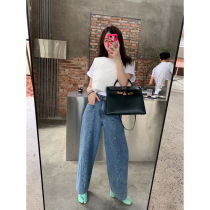 vcruan Ahego deconstructs stitching jeans women autumn and winter Korean loose wide leg pants casual straight pants