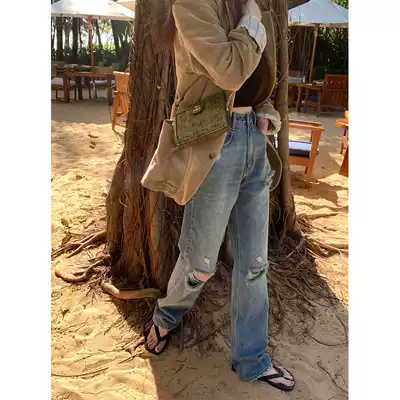 Ashigo vcruan hole straight jeans women 2021 New Chaoyangpai high waist loose casual pants