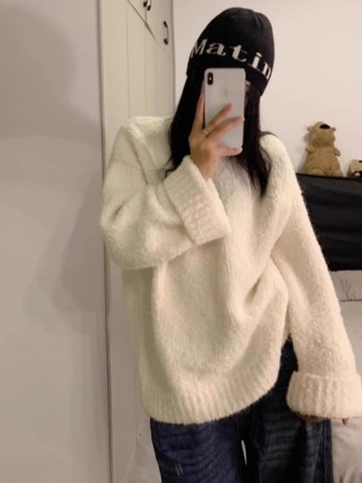 Элитный мягкий молочно-белый свитер для женщин, осенне-зимний свободный крой, пушистый и непринужденный пуловер, толстый вязаный топ.