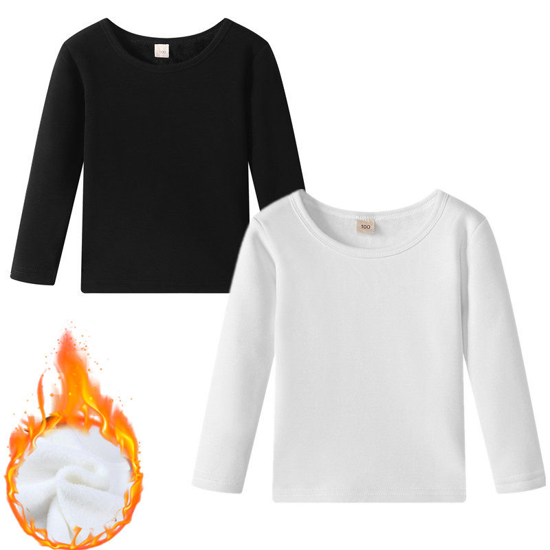 Boys and girls plus velvet cotton undershirt white children's black thick autumn coat baby dance dress long sleeve T-shirt