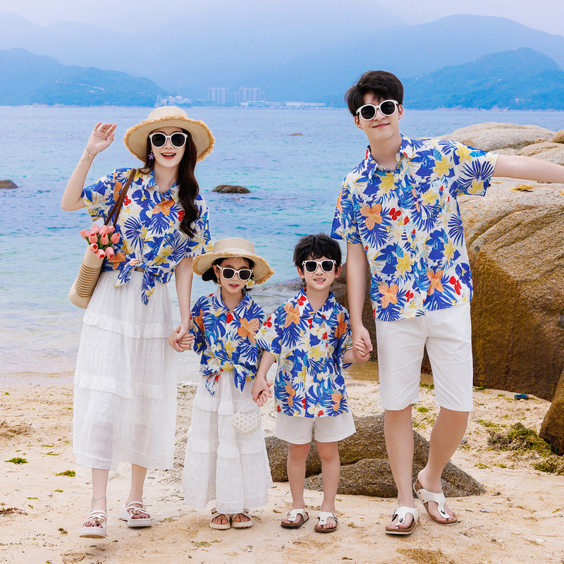 Beach-Style Dopamine Family Matching Outfits for Three or Four Members, New Summer Floral Shirts and Mother-Daughter Dress Sets