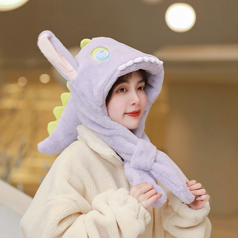 Ears will move hat scarf one lady winter sweet and cute dome small dinosaur cartoon warm plush cap