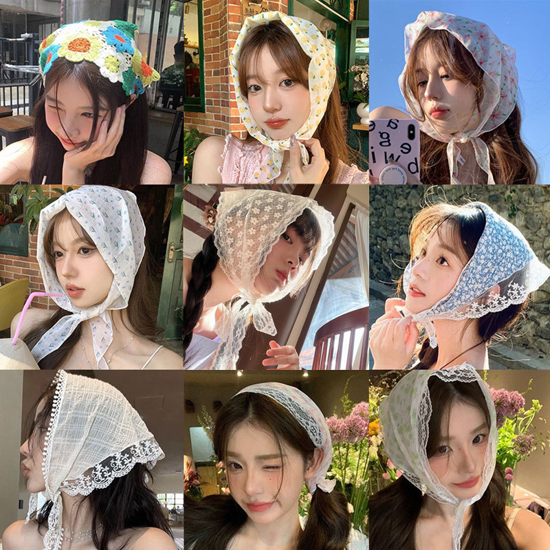 Lace Triangle Scarf for Women, Thin Summer French-Style Headscarf, Veil, Head Wrap, Silk Scarf, Vintage Decoration, Pastoral Style, Photo Shoot, Spring Lace Triangle Scarf for Women, Thin Summer French-Style Headscarf, Veil, Head Wrap, Silk Scarf, Vintage Decoration, Pastoral Style, Photo Shoot, Spring