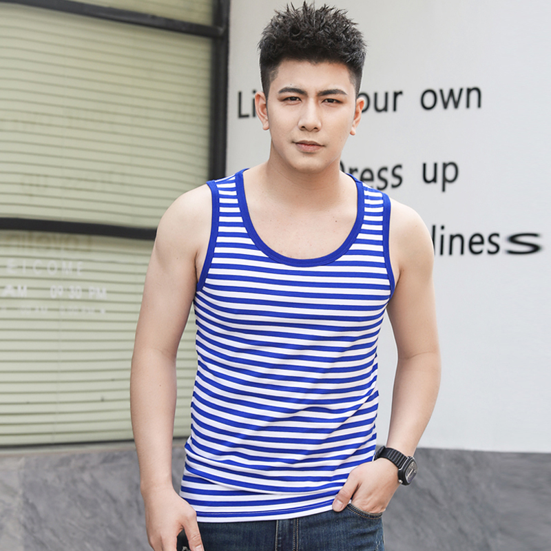 Navy Shirt Vest for Men, Blue and White Striped Sleeveless T-Shirt, Pure Cotton Sports Fitness Vest, Outerwear, Sailor Suit for Summer