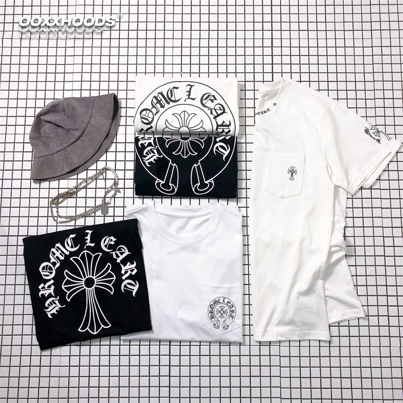 Second-Generation Black and White Printed Pocket Hollow-Out Cross Gothic Letter Loose Combed Cotton Short-Sleeve T-Shirt